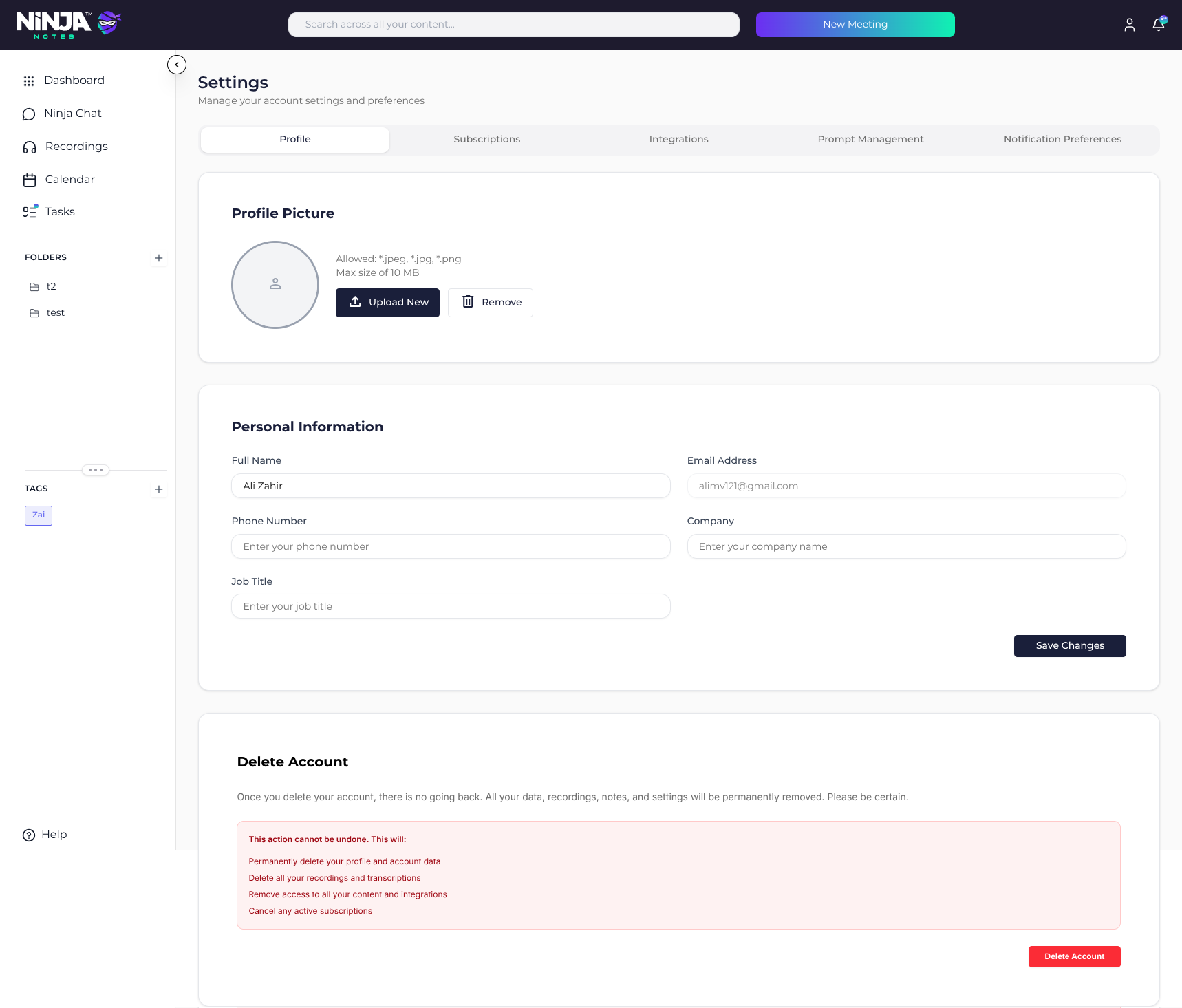 Delete Account section of the Ninja Notes Settings page