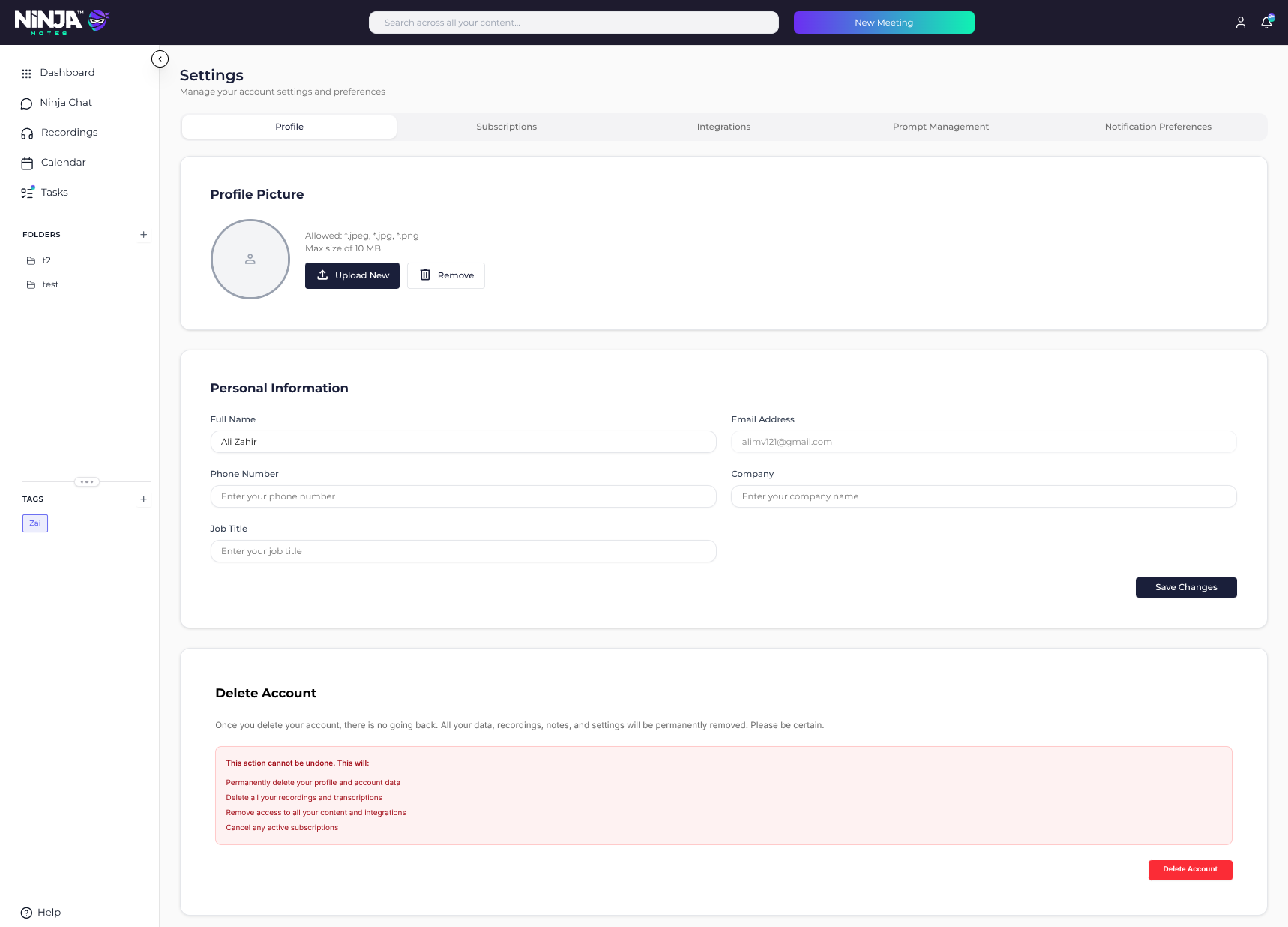 Ninja Notes Settings page with the Profile tab selected